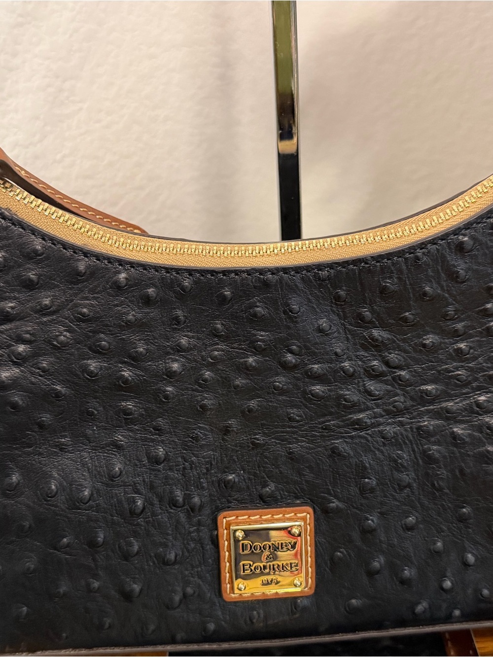 Dooney & Bourke Black Ostrich-Embossed Leather Hobo Shoulder Bag No Wallet